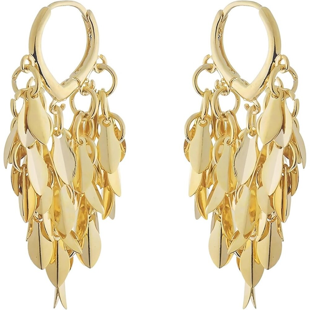 🆕Women's Gold Leaf Dangle Earrings Long Tassel Drop Design Chandelier Style